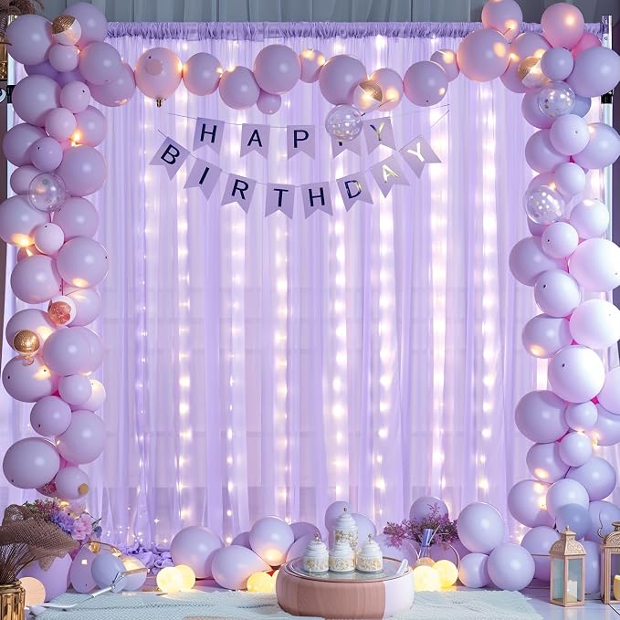 20ft x 10ft Lavender Chiffon Backdrop Curtain with Lights String for Parties,4 Panels Sheer Tulle Curtain Wedding Backdrop for Baby Shower Birthday Party Ceremony Reception Home Decorations