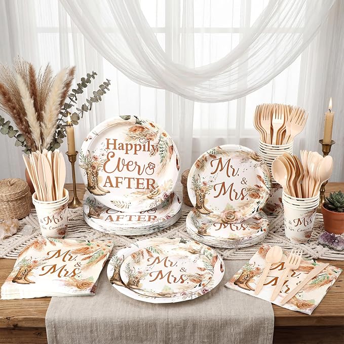 168 Pcs Boho Cowgirl Bridal Shower Party Supplies Happily Ever After Decorations Wedding Plates and Napkins Western Engagement Tableware Set Mr and Mrs Disposable Paper Plate Cups Serves 24