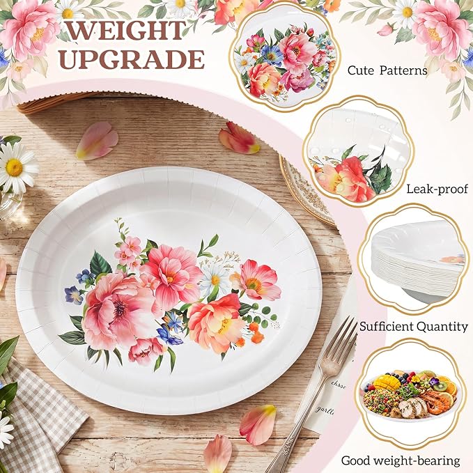 Vesici 150 Pcs Floral Oval Paper Plate and Napkin Set 10'' x 12'' Large Wildflower Tableware Spring Flower Heavy Duty Disposable Plate Napkin Cup for Wedding Birthday Mother's Day Party Supplies Decor