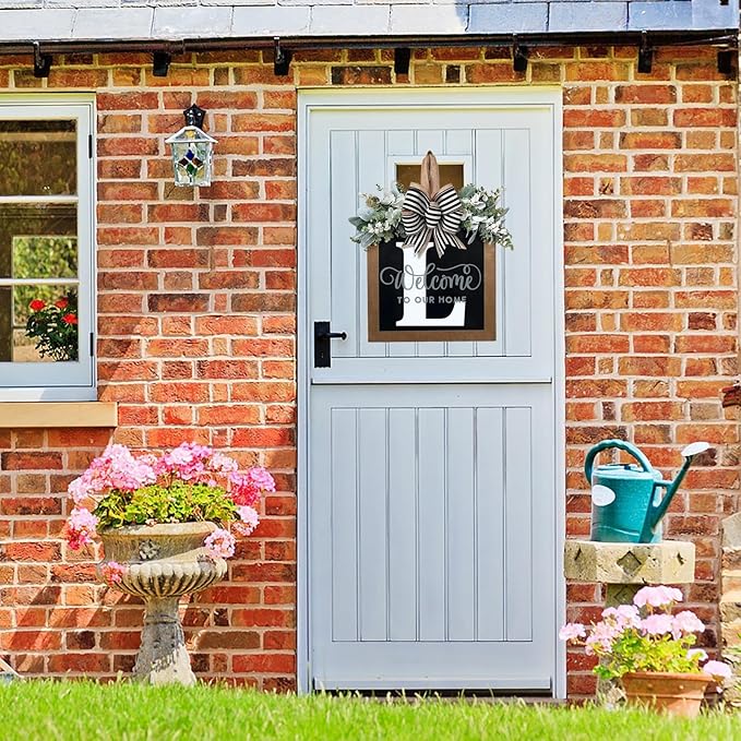 Last Name Year Round Front Door Wreath Front Porch Decoration 26 Letter Welcome Sign with Eucalyptus Garland and Bow Spring Wreaths for Front Door Outside Hanger Garland（L）