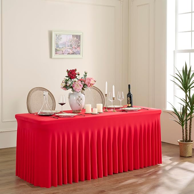 Outpain 6ft Spandex Polyester Blend Tablecloth for Standard Folding Tables - 6 Pack Red Table Protector for Party, Wedding, Banquet, Festival