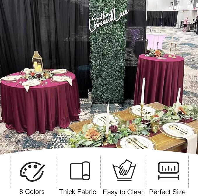 4 Pack Round Tablecloth 120 Inch Polyester Burgundy Tablecloths Washable Fabric Table Covers for Wedding Dining Table Buffet Parties Banquet Decoration（Burgundy）