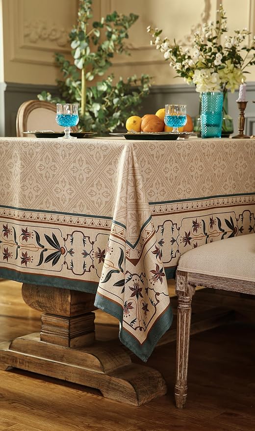patdrea Designer French Linen Tablecloth,Rectangular,87"x55"-Fram | Elegant Durable Table Cloth for Rectangle Table,Vintage Block Print,for Dining Room Tea Party Thanksgiving,Beige