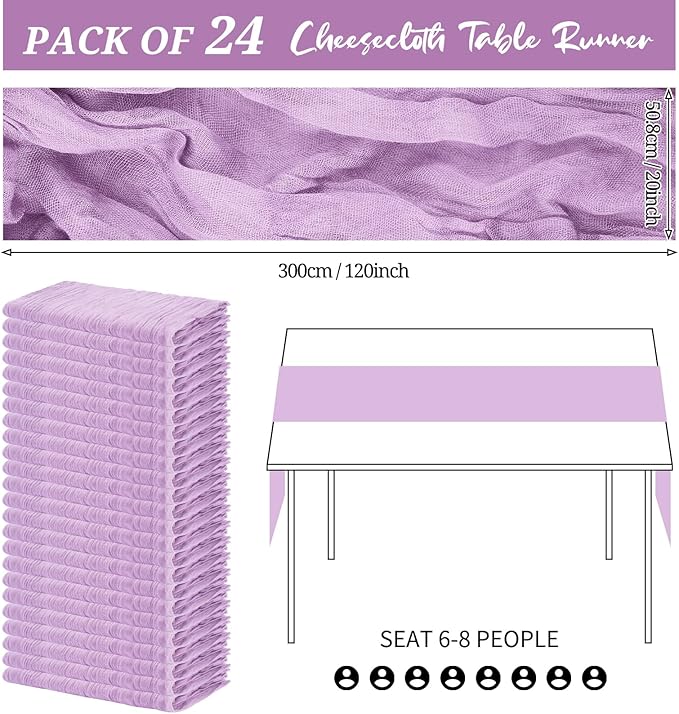 24 Pack Cheesecloth Table Runner 20 x 120 inch Cheese Cloth Table Runner Bulk,Romantic Boho Sheer Gauze Fabric Table Runners for Wedding Reception,Party,Bridal Shower Table Decor(Lavender)