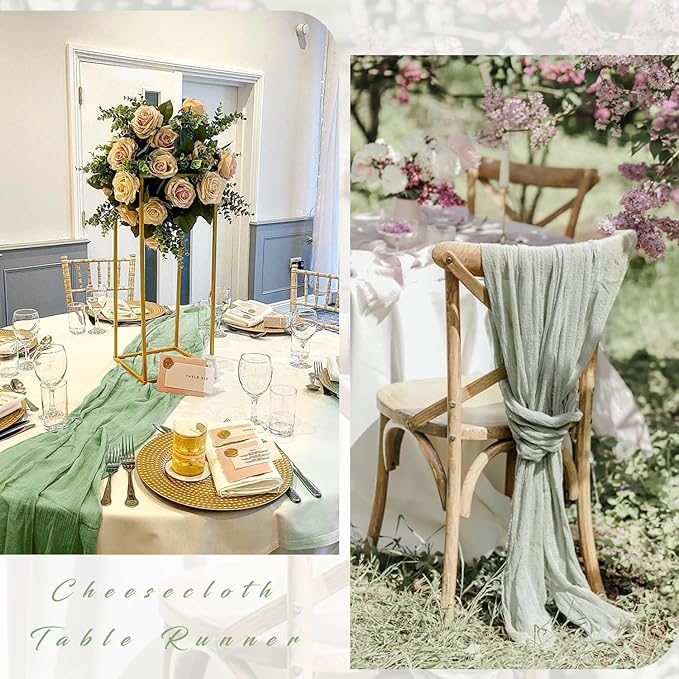 6 Pcs Sage Green Cheesecloth Table Runner 10FT Runner for Tables 35 x 120 Inches Long Gauze Boho Fabric Table Runner Decoration Rustic Sheer Runner for Wedding Birthday Baby Shower Party (Sage Green)