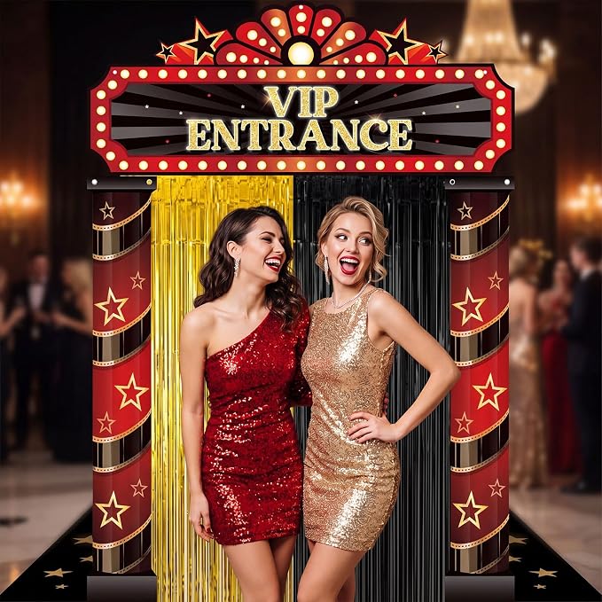 Peryiter 5 Pcs Casino VIP Entrance Movie Night Party Decorations Film Theme Door Banners Gold Black Tinsel Curtains, Double Sided Tape for Las Vegas Party Decorations Movie Night Film Supplies