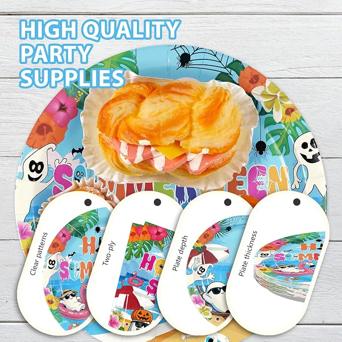 96Pcs Summer Halloween Party Decorations Halloween in Summer Plates and Napkins Tableware Set Spooky Tropical Beach Pool Decorations for Hallows' Eve Hawaii Birthday Supplies Serves 24