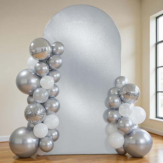 Silver Shimmer Arch Backdrop Cover 7.2FT with Zipper,Thick Soft Stretchy Sequin Glitter Spandex Fitted Chiara Cover for Wedding Birthday Baby Shower Graduation Party Photo Backdrop