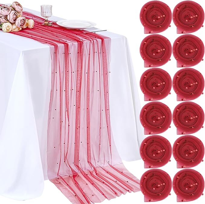 Tulle Table Runner Pearl Fabric: Red Mother's Day Veil Dessert Chiffon Pearl Lace Boho 12pcs Overlay Valentine's Wedding Aisle Runner Party Decorations Doilies Christmas