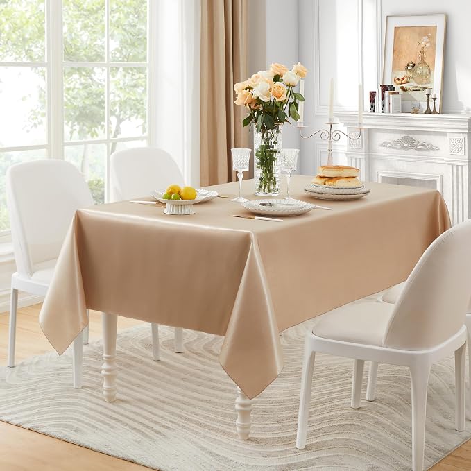 1 Pack Square Satin Table Cover Silkly Soft Table Cloth, Satin Dining Table Cloths for Wedding Banquet Table Decoration, Dining Room, Indoor and Outdoor Use, 52 x 52 Inches, Taupe