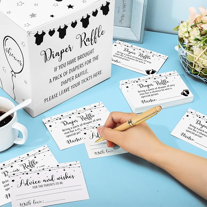 Teling 51 Pieces Diaper Raffle Tickets with Card Box Baby Shower Decorations Baby Shower Holder Box for Girl Boy Diaper Raffle Party(Fresh Style)