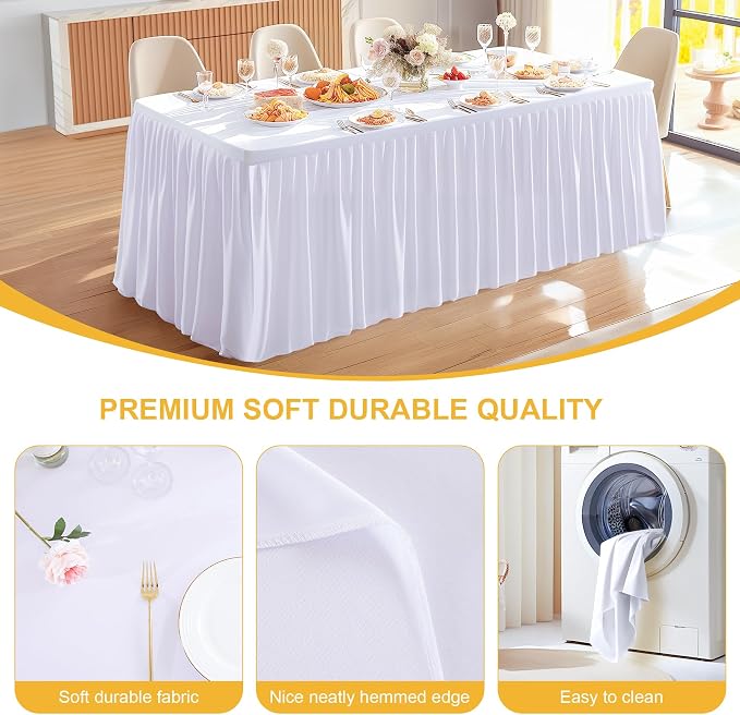 6 Packs White Tableclothes for 8 Foot Rectangle Tables, Wrinkle Free Fitted Table Cloth 8ft Stretch Table Cover with Skirt for Parties Weddings Birthday Banquet Baby Shower