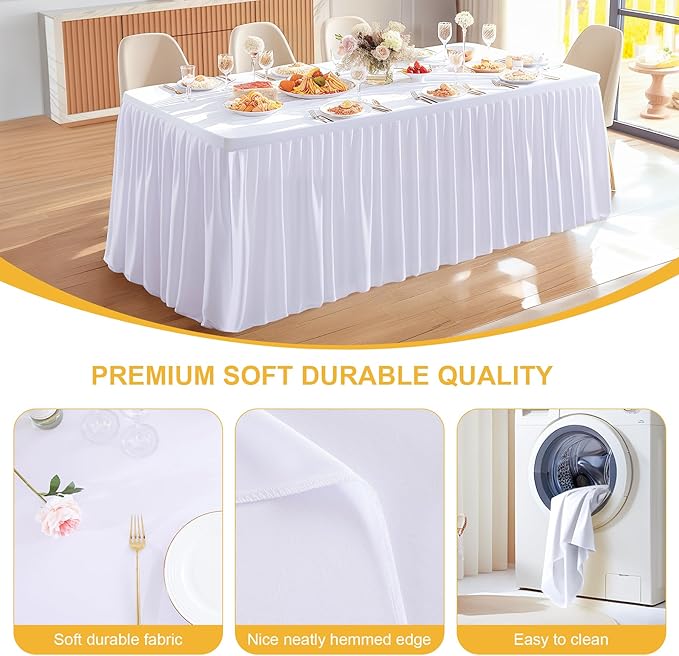 2 Packs White Tableclothes for 8 Foot Rectangle Tables, Wrinkle Free Fitted Table Cover 8ft Stretch Table Cloth with Skirt for Parties Weddings Birthday Banquet Baby Shower