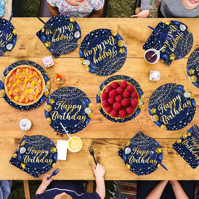 96Pcs Blue and Gold Birthday Party Decorations for Navy Blue Gold Disposable Plates and Napkins Tableware Set Happy Birthday Decorations for Men Women Bday Party Supplies Serves 24