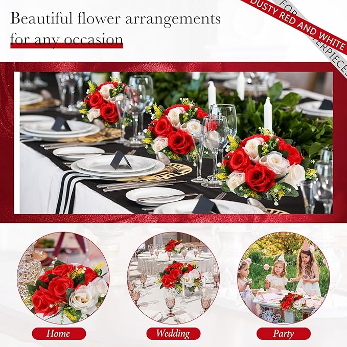 Hotop 12 Pcs Artificial Rose Flower Balls for Centerpieces, Silk Roses Kissing Balls Romantic Faux Floral Arrangements for Engagement Wedding Home Decor (Red,White)