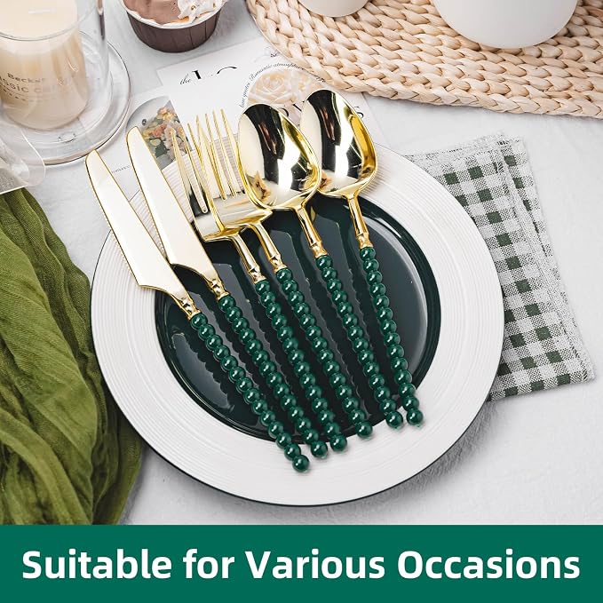 150 Pcs Gold Plastic Silverware,Gold Plastic Utensils with Green Beads Handle,Fancy Disposable Cutlery Set Include 50 Forks 50 Knives 50 Spoons for Party & Christmas