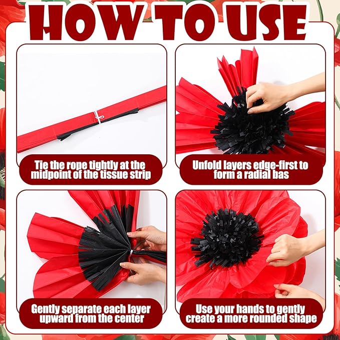 Chunful 5 Pcs 30'' 24'' Giant Red Paper Poppy Flowers Wizard Party Decoration Large Hanging Tissue Paper Poppies Pom Poms Decor for Memorial Day Halloween Veterans Day Carnival Witch Birthday