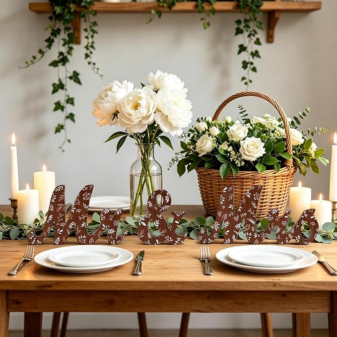 Mr & Mrs Sign for Wedding Table Blue Floral Wedding Decorations for Reception Rustic Wooden Freestanding Letters Table Centerpieces Wooden Photo Booth Props for Wedding Bridal Anniversary Supplies (Brown)