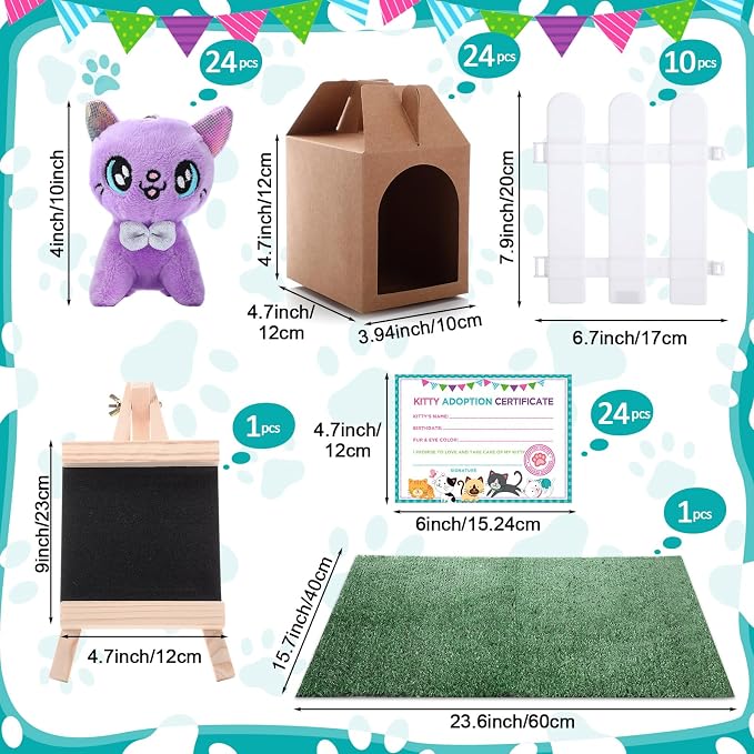 Blueweenly 84 Pcs Adopt a Pet Party Supplies 24 Mini Animals 10 White Plastic Fence 24 Paper Gift Boxes 24 Adoption Cards with Mini Chalkboard and Artificial Lawn(Kitten)
