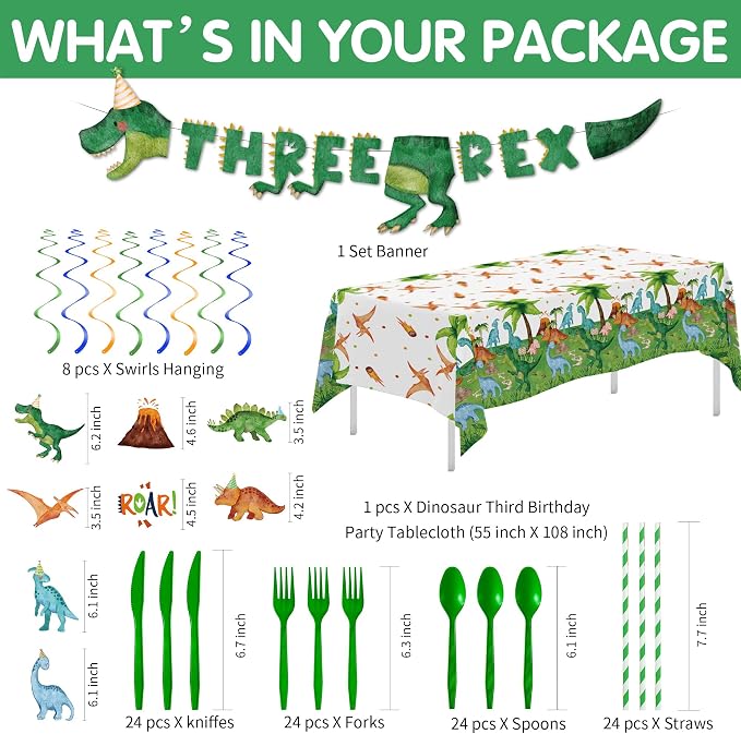 Srua Don Dinosaur 3rd Birthday Party Supplies Decorations, Dino Theme Three Rex Birthday Decorations, Paper Plates, Cups, Napkins, Tablecloth, Disposable Cutlery, Swirls, Banner, Serves 24