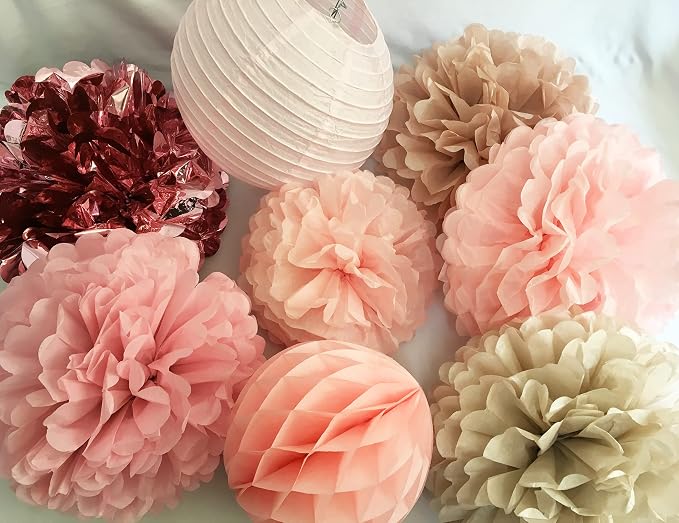 Blush Chrome Pink Hanging Decorations – Tissue paper Flower Pom Poms and Lantern for Birthday Wedding Baby Shower Bachelorette Party Decor(Chrome Pink + Pastel Pink + Pink Heather)