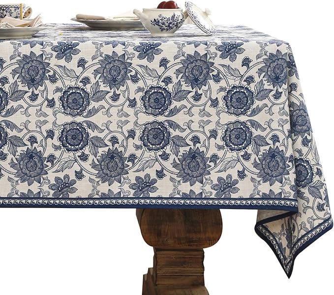 patdrea Elegant French Linen Tablecloth,Rectangular,94"x63"-Lantang A | Vintage Elegant Large Table Cloth for Rectangle Table,Blue and White Floral Print,for Dining Room Tea Party Thanksgiving