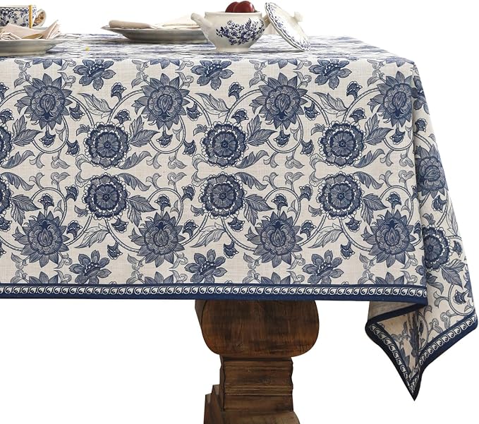 patdrea Elegant French Linen Tablecloth,Rectangular,87"x55"-Lantang A | Vintage Elegant Table Cloth for Rectangle Table,Blue and White Floral Print,for Dining Room Tea Party Thanksgiving