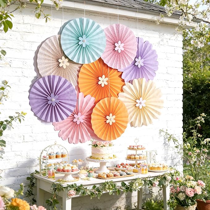 Pastel Paper Fans, Pastel Decorations for Party, Birthday, Classroom, Birthday, 9 PCS Yellow, Pink and Purple Pastel Paper Flower Decorations for Baby Shower, Wall Decor