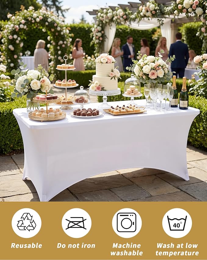 Fixwal White Tablecloths for 8 Foot Rectangle Tables, 2 Pack Spandex Stretch Fitted Table Covers for Party, Trade Show, Banquet, Wedding, Buffet