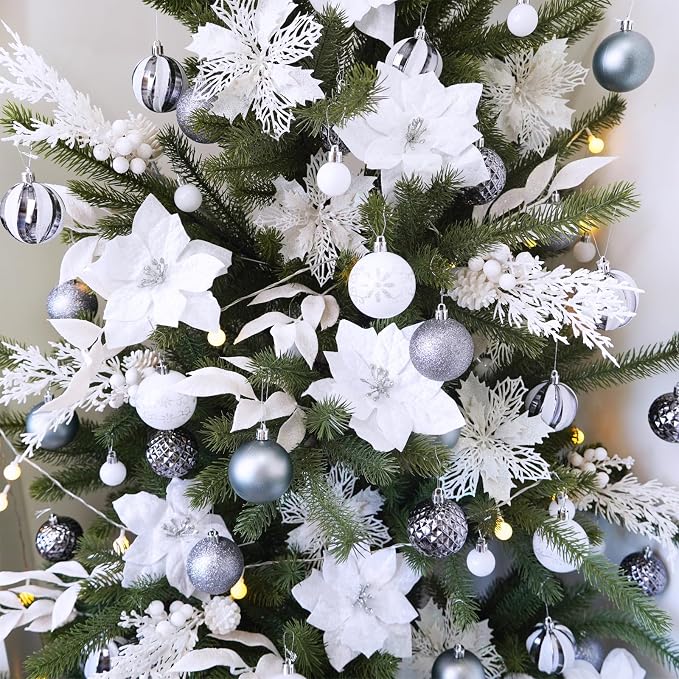 Winlyn 35 Pcs Christmas Artificial Poinsettia Flowers Picks and Artificial Leaves Sprays White Glitter Christmas Floral Picks for White Christmas Tree Wreath Garland Holiday Centerpiece Decorations