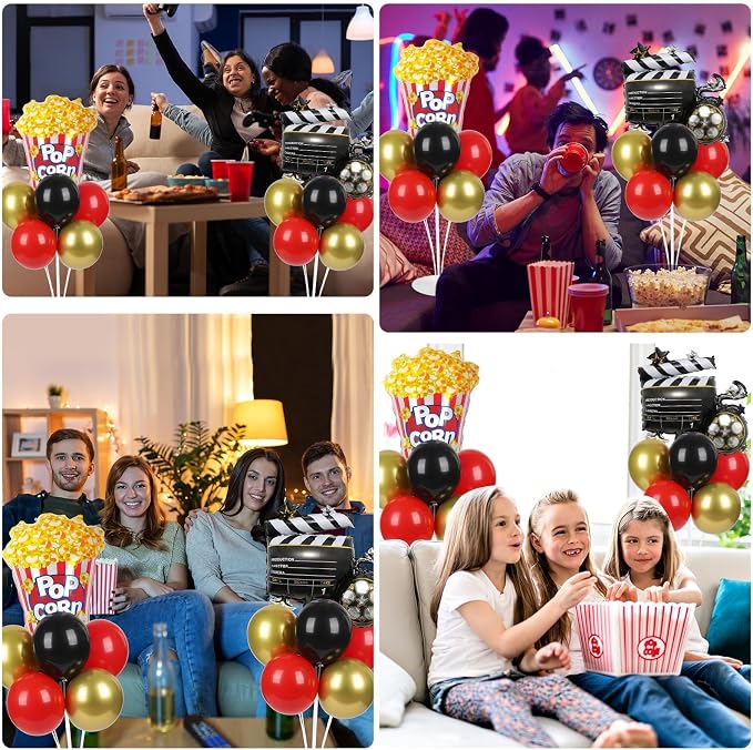 Movie Night Party Balloons Stand Kit 2 Sets with 2 Popcorn Clapboard Foil Balloons Black Red Gold Party Balloon Centerpiece for Tables for Birthday Camera Film Movie Party Decoration