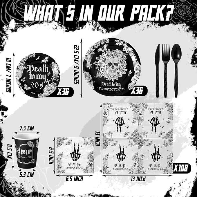 Hushee 324 Pcs Death to My 20s Decorations 30th Birthday Party Supplies Rip to My 20s Disposable Plates Cups Napkins Black Tableware Set for Youth 30th Birthday