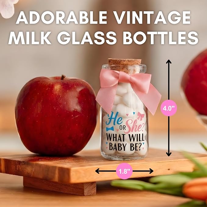 Ethisa 12 Pack Gender Reveal Glass Jars - He or She Gender Reveal Party Favors for Guests and Table Centerpieces - Classy Boy or Girl Milk Glass Bottles - Baby Shower Decorations and Candy Gifts