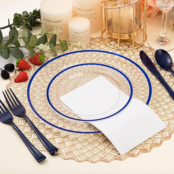 BESTSTAR 200PCS Blue and Clear Plastic Plates, Blue Disposable Plate Set with 100 Dinner Plate and 100 Dessert Plates for Party, National Day