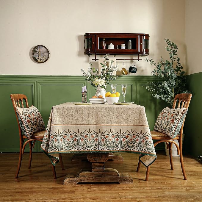 patdrea Vintage French Linen Tablecloth,Rectangular,87"x63"-Cudillero | Elegant Floral Table Cloth for Rectangle Table,Natural Beige Block Print,for Dining Room Tea Party Thanksgiving