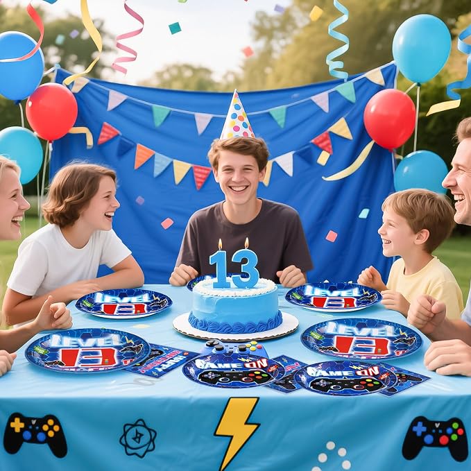 Grencian 96Pcs 13th Birthday Party Decorations Blue Video Game Plates Disposable Blue Official Teen 13th Birthday Paper Tableware Set for Boys 13 Year Old Video Game Theme Party Supplies, Serves 24