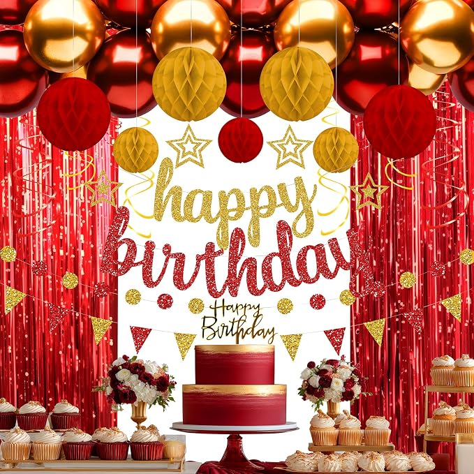 Red and Gold Birthday Party Decorations Set - Happy Birthday Banner Balloons Foil Curtains Hanging Swirls for Men Women Birthday Party Supplies