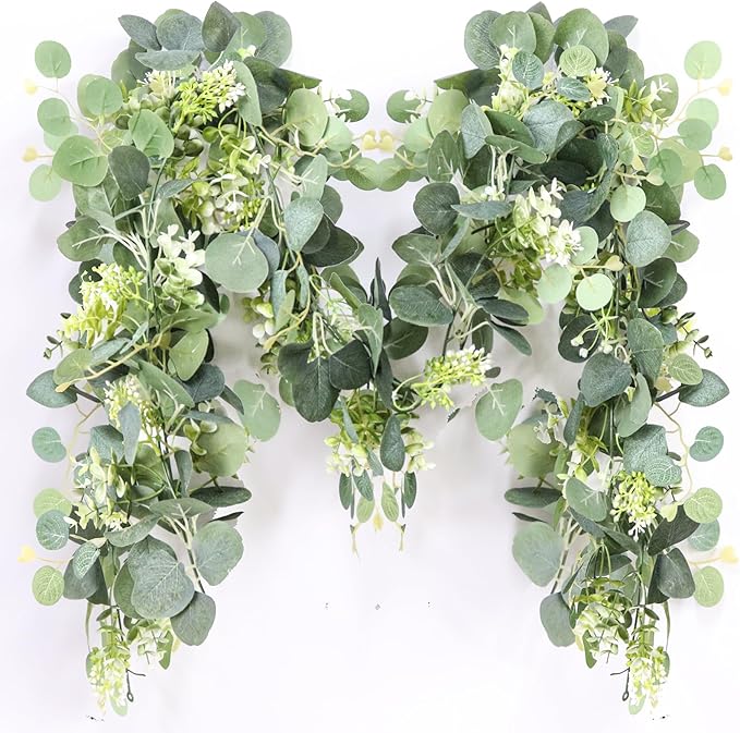 MAKHOT 5.9FT Eucalyptus Garland, Artificial Greenery Garland Flower, Green Garland Wreath Vines Decorations, Fake Silver Dollar Eucalyptus Leaves Vines for Table Home Wedding Mantle Party Decor