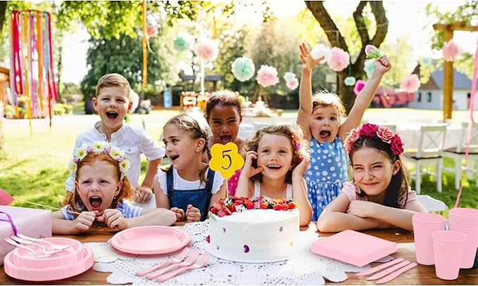 350 Pcs Pink Plastic Plates For Party, Pink Disposable Plates Set, 50 Of Each 9" Dinner Plate Set, 7" Dessert Plate, Cups, Napkins & Cutlery Plastic Dinnerware Set Exquisite