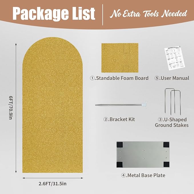 6FT Arch Backdrop with Stand Set, No-Tip Stability Foam Board Photo Booth Background for Wedding Birthday Party Ceremony Baby Shower Banquet Decoration Reusable - BlackGold