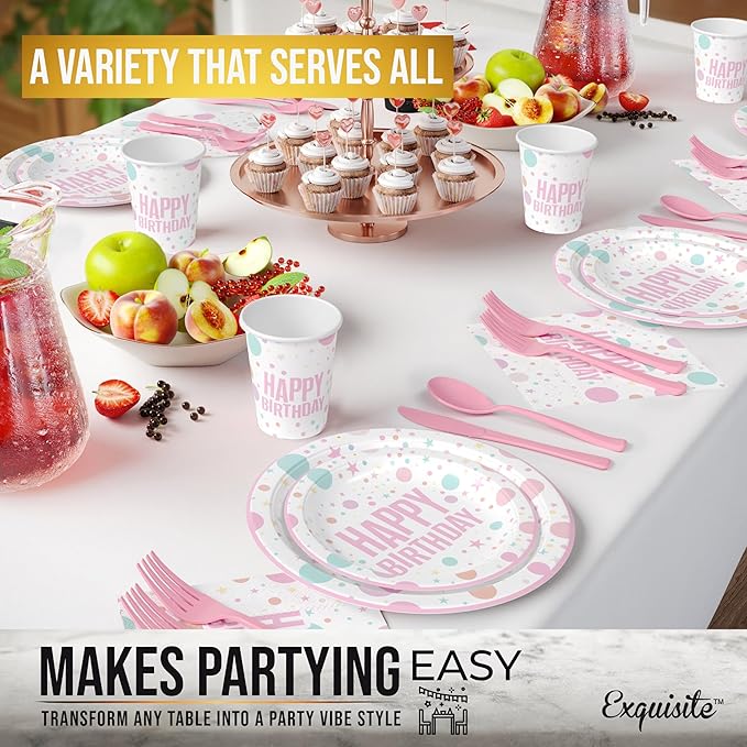 Exquisite 350 Pcs Pink Happy Birthday Plates and Napkins Set, Pink Birthday Plates Set, 50 Of Each 9" Dinner Plate, 7" Dessert Plate, 12 oz Cups, Napkins & Cutlery Plastic Dinnerware Set Set
