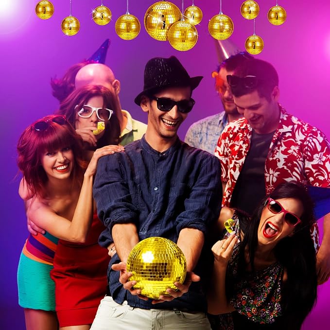 WILLBOND 12 Pack Disco Ball Party Decorations Hanging Mirror Balls Fun Retro Dj Lighting Effect Stage Props Game Accessories, 5.91", 3.94", 3.15", 2.36"(Gold)
