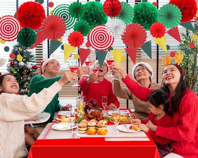Fullhawl 27 Pcs Mexican Party Decoration, 6 Pack Disposable Tablecloth 21 Pcs Hanging Paper Fans, Pom Poms Flowers, Garland String Polka Dot and Triangle Flag Set for Birthday, Wedding, Carnival
