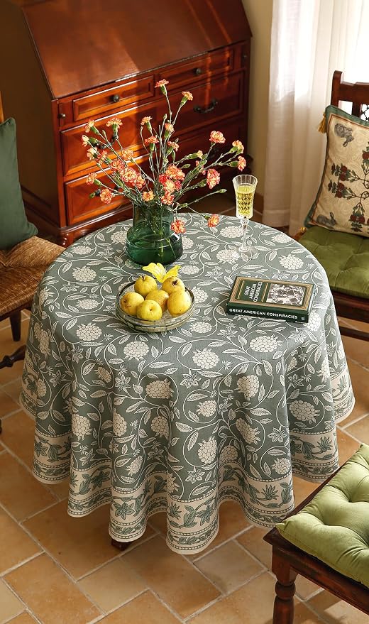 ISAENNE Designer Linen Green Round Tablecloth,Diameter 67"-Andrew A | Vintage Elegant French Beautiful Decor Table Cloth,Floral Pattern,Heavyweight,Dining Room,Tea Party,Kitchen,Thanksgiving