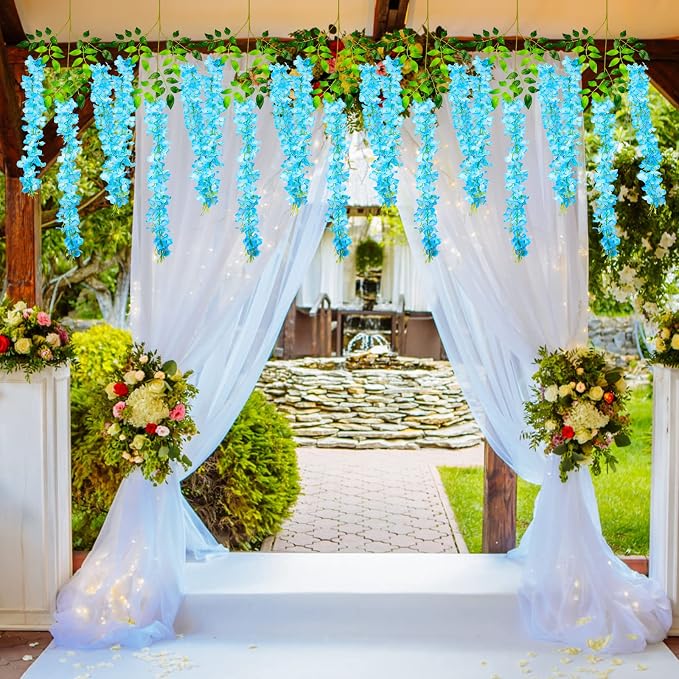 Pauwer Wisteria Hanging Flowers 24 Pack Fake Flower Garland Artificial Wisteria Vines Rattan Silk Flower String Wedding Party Wall Decorations,Blue