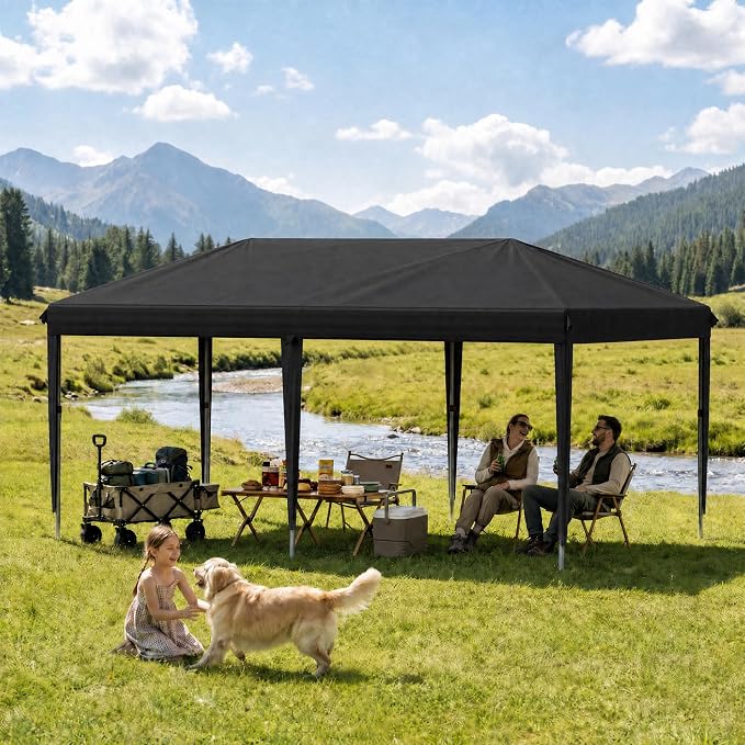 10x20 FT Portable Pop Up Canopy Tent with Sandbags, Adjustable Height Instant Gazebo Without Sidewalls,Waterproof Outdoor Canopy for Camping, Parties, Vendor Events (Black, 3m × 6m Without sidewalls)