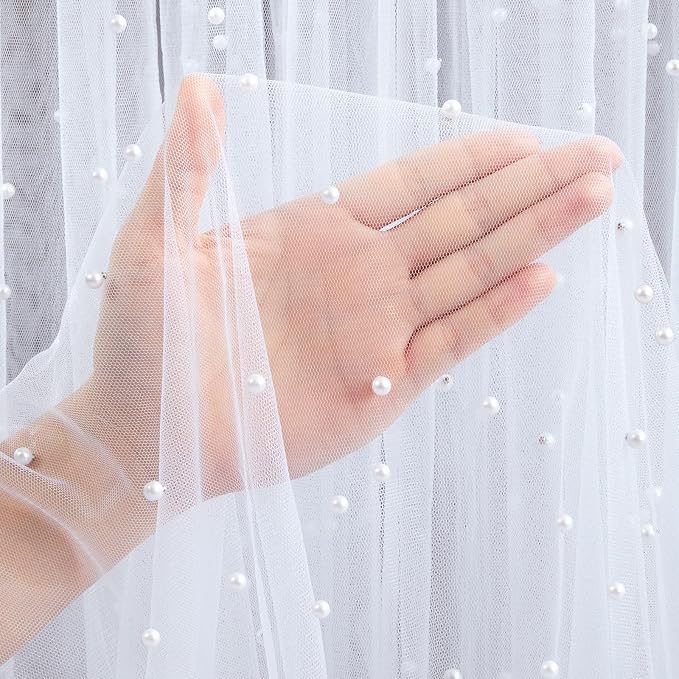 Pearl Gauze Table Runner Tulle Centerpieces Fabric: White 10ft Wedding Veil Seasonal Dessert Chiffon Pearl Lace Boho Overlay Farmhouse Wedding Aisle Runner Party Decorations Doilies