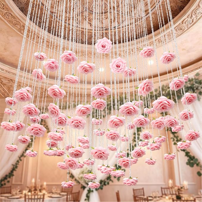 FYSUIMU 24Pcs 31.5 Inch Wedding Pink Artificial Rose Vine Garland Faux Flower Crystal Bead Hanging Garland for Valentine Birthday Wedding Party Decoration DIY Crafts Supplies