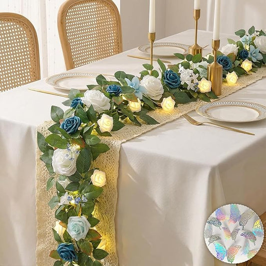 5.5FT Artificial Flower Garland Dusty Blue Rose & Greenery for Wedding Arch Backdrop Table Centerpiece Mantel Decor, with Rose String Lights & 3D Butterflies