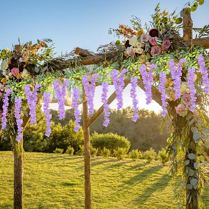 Pauwer Wisteria Hanging Flowers 24 Pack Fake Flower Garland Artificial Wisteria Vines Rattan Silk Flower String Wedding Party Wall Decorations,Purple
